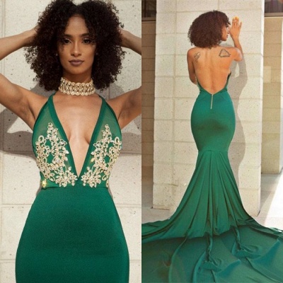 Sexy Green V-Neck Evening Dress UK | Backless Mermaid Prom Dress UK With Lace_5