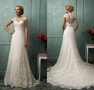 Elegant Cap Sleeve Lace Wedding Dress With Zipper Button Bridal Gowns_3