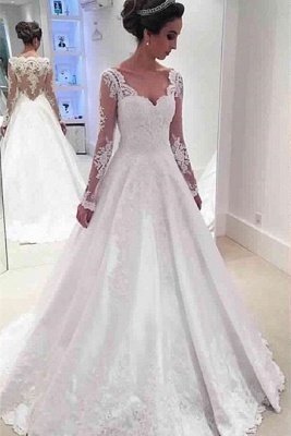 Newest A-line Long Sleeve Wedding Dress Lace Appliques_2