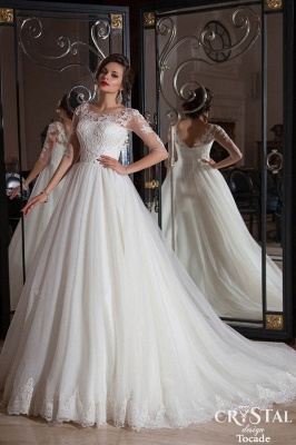 Elegant Illusion Half-sleeve Tulle Wedding Dress With Lace Appliques_1