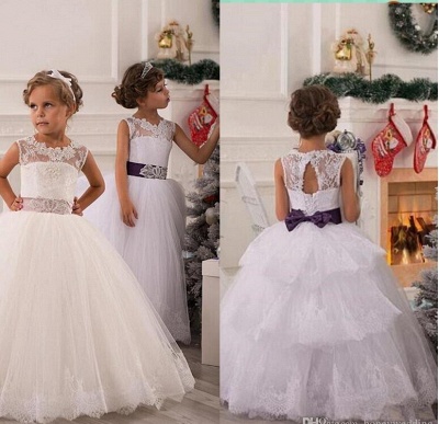 Modern Illusion Sleeveless Tulle Flower Girl Dress With Lace Appliques_2