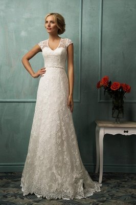 Elegant Cap Sleeve Lace Wedding Dress With Zipper Button Bridal Gowns_1