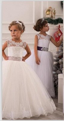 Modern Illusion Sleeveless Tulle Flower Girl Dress With Lace Appliques_1