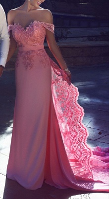 Off-the-Shoulder Lace Lace Long Natural A-Line Candy-Pink Prom Dress UKes UK BA3857_2
