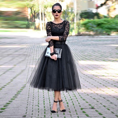 Elegant Black Lace 3/4 Sleeve Prom Dress UKes UK Tulle Tea-Length_3