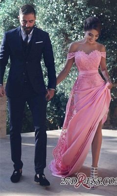 Off-the-Shoulder Lace Lace Long Natural A-Line Candy-Pink Prom Dress UKes UK BA3857_1