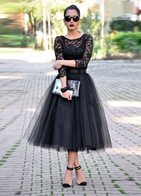 Elegant Black Lace 3/4 Sleeve Prom Dress UKes UK Tulle Tea-Length_1