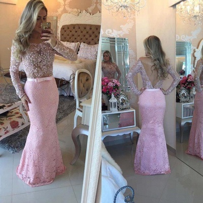 Modern Long Sleeves Pink Prom Dress UKes UK Mermaid Lace Floor Length_3