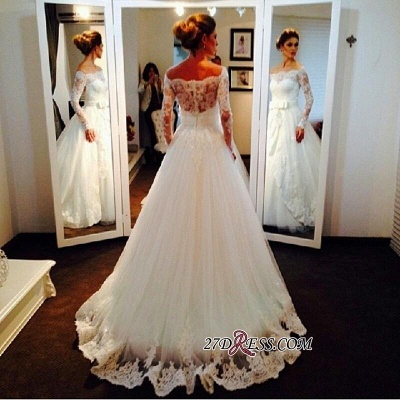 Long-Sleeve Tulle Off-the-shoulder Lace Bow Elegant Wedding Dress_2