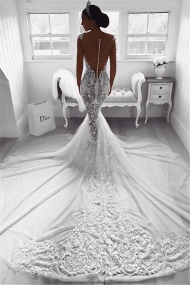Sexy Mermaid Straps Wedding Dresses UK Sheer Tulle Sleeveless Appliques Bridal Gowns_3