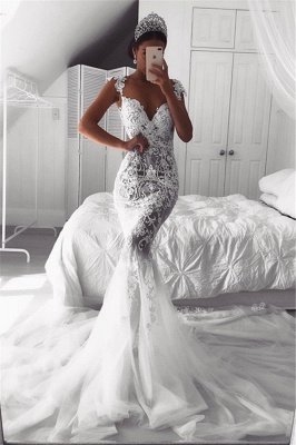 Sexy Mermaid Straps Wedding Dresses UK Sheer Tulle Sleeveless Appliques Bridal Gowns_1