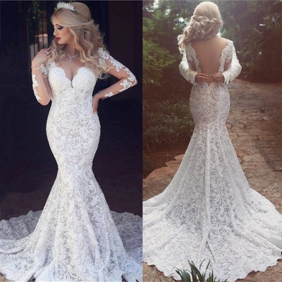 Long Sleeve  Sexy Mermaid Lace Wedding Dress Open Back V-neck Classic Bridal Gown_4