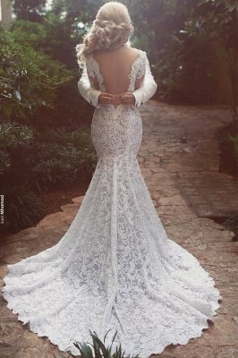 Long Sleeve  Sexy Mermaid Lace Wedding Dress Open Back V-neck Classic Bridal Gown_3