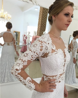 Lace Elegant Sexy Mermaid White Long-Sleeves Open-Back Appliques Wedding Dresses UK_3