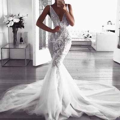 Elegant Sexy Mermaid Deep v-Neck Wedding Dresses UK | Sleeveless Tulle Appliques Bridal Gowns_3
