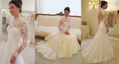 Gorgeous Long Sleeve lace Wedding Dress High-neck Open Back Zipper_4
