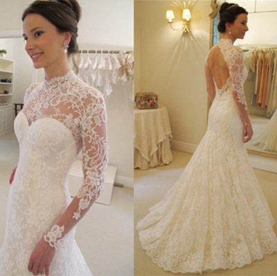 Gorgeous Long Sleeve lace Wedding Dress High-neck Open Back Zipper_3