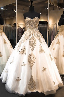 Luxurious Sweetheart Golden Appliques Wedding Dress Beadss Ball Gown Prom Dress_1