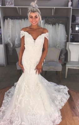 Elegant  Sexy Mermaid Off-the-Shoulder Wedding Dresses UK Lace Bridal Gowns_1