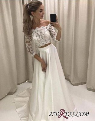 Two-pieces White Sweep-train Lace Off-the-shoulder Evening Dress UK BA7423_1