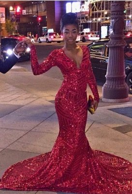 Elegant Red V-Neck Sequins Prom Dress UKes UK Long Sleeve Mermaid BK0_3