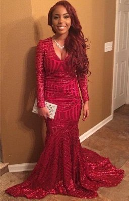 Elegant Red V-Neck Sequins Prom Dress UKes UK Long Sleeve Mermaid BK0_1