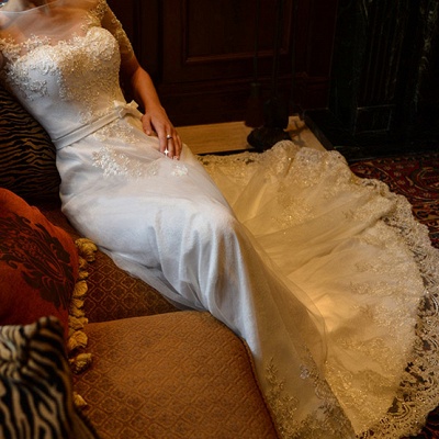 Elegant Illusion Short Sleeve Wedding Dress Tulle Lace Appliques White_5