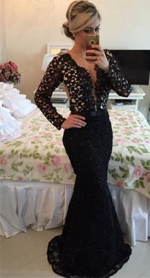 V-neck Black Lace Mermaid Prom Dress UK Long Sleeve BA2186_1