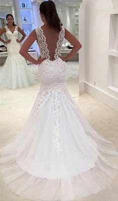 Newest Lace Appliques  Sexy Mermaid Straps Sleeveless Sweep Train Wedding Dress_1