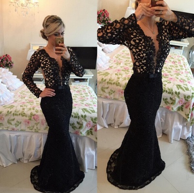 V-neck Black Lace Mermaid Prom Dress UK Long Sleeve BA2186_3