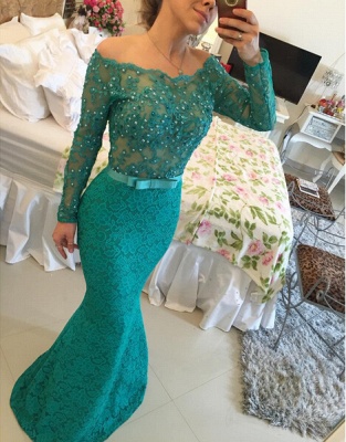 Modern Long Sleeve Lace Mermaid Prom Dress UK Pearls Off-the-shoulder BA2588_3