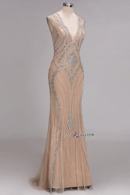 Sleeveless Beadings Long Mermaid V-Neck Luxury Crystal Prom Dress UK_2