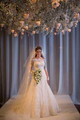 Noiva Train Ivory Long Sleeve Lace Wedding Dress Elegant Sweep Zipper Back Vestidos De Applique Wedding Dress_1
