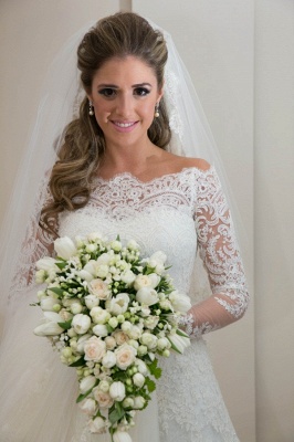 Noiva Train Ivory Long Sleeve Lace Wedding Dress Elegant Sweep Zipper Back Vestidos De Applique Wedding Dress_2