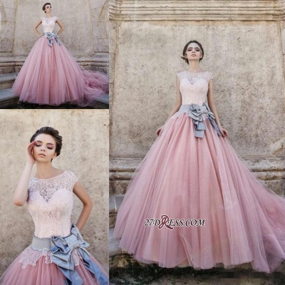 Ball-Gown Lace Bowknot Pink Capped-Sleeves Wedding Dress_2