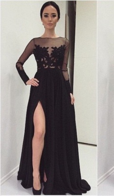 Elegant Lace Appliques Black Prom Dress UK Front Split Long Sleeve Illusion Sweep Train_2