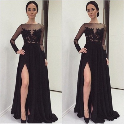 Elegant Lace Appliques Black Prom Dress UK Front Split Long Sleeve Illusion Sweep Train_3