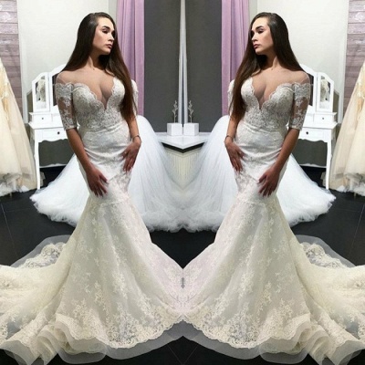 Elegant Short-Sleeve Lace Wedding Dress | Sexy Mermaid Bridal Gowns On Sale_3