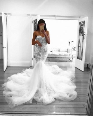 Romantic Sweetheart Lace White Sheer Wedding Dress |  Sexy Mermaid Bridal Gown_4
