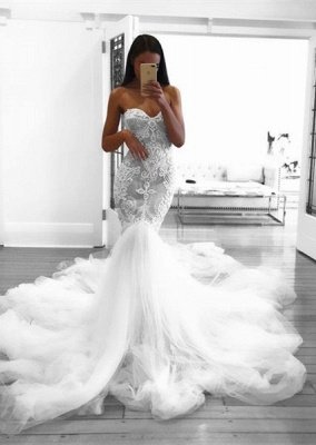 Romantic Sweetheart Lace White Sheer Wedding Dress |  Sexy Mermaid Bridal Gown_1