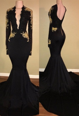 Elegant Black Prom Dress UK Mermaid Long Sleeve Evening Dress UK BA7942_1
