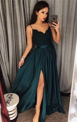 Dark-Green Spaghetti-Straps Prom Dress UK | Lace Evening Gowns With Slit_1