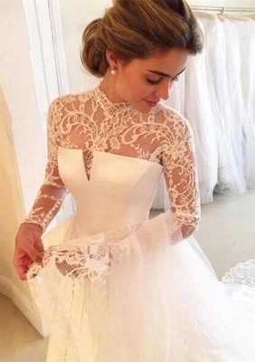 High-Neck Elegant A-line Long-Sleeve Lace Zipper Wedding Dress_1