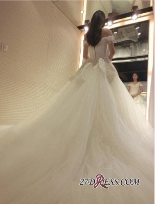 Tulle Beads Newest Lace-Appliques Off-the-shoulder Long-Train Wedding Dress_2