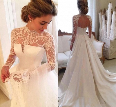 High-Neck Elegant A-line Long-Sleeve Lace Zipper Wedding Dress_3