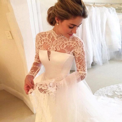 High-Neck Elegant A-line Long-Sleeve Lace Zipper Wedding Dress_2