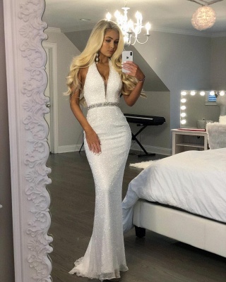 Halter V-neck Mermaid Prom Dresses | White Evening Gowns with Beading Sash_3