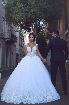 Elegant V-Neck Ball Gown Tulle Sleeveless Appliques Wedding Dress_1