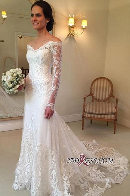 Court-Train Lace Long-Sleeve Sheath V-neck Off-the-shoulder Wedding Dresses UK BA4066_6