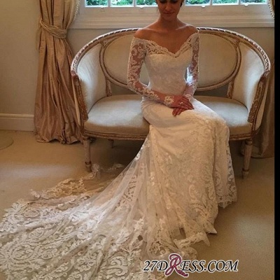 Court-Train Lace Long-Sleeve Sheath V-neck Off-the-shoulder Wedding Dresses UK BA4066_5